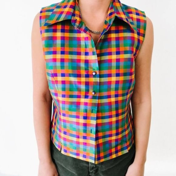 Vintage Colorful Plaid 100% Silk Tank - Picture 5 of 8